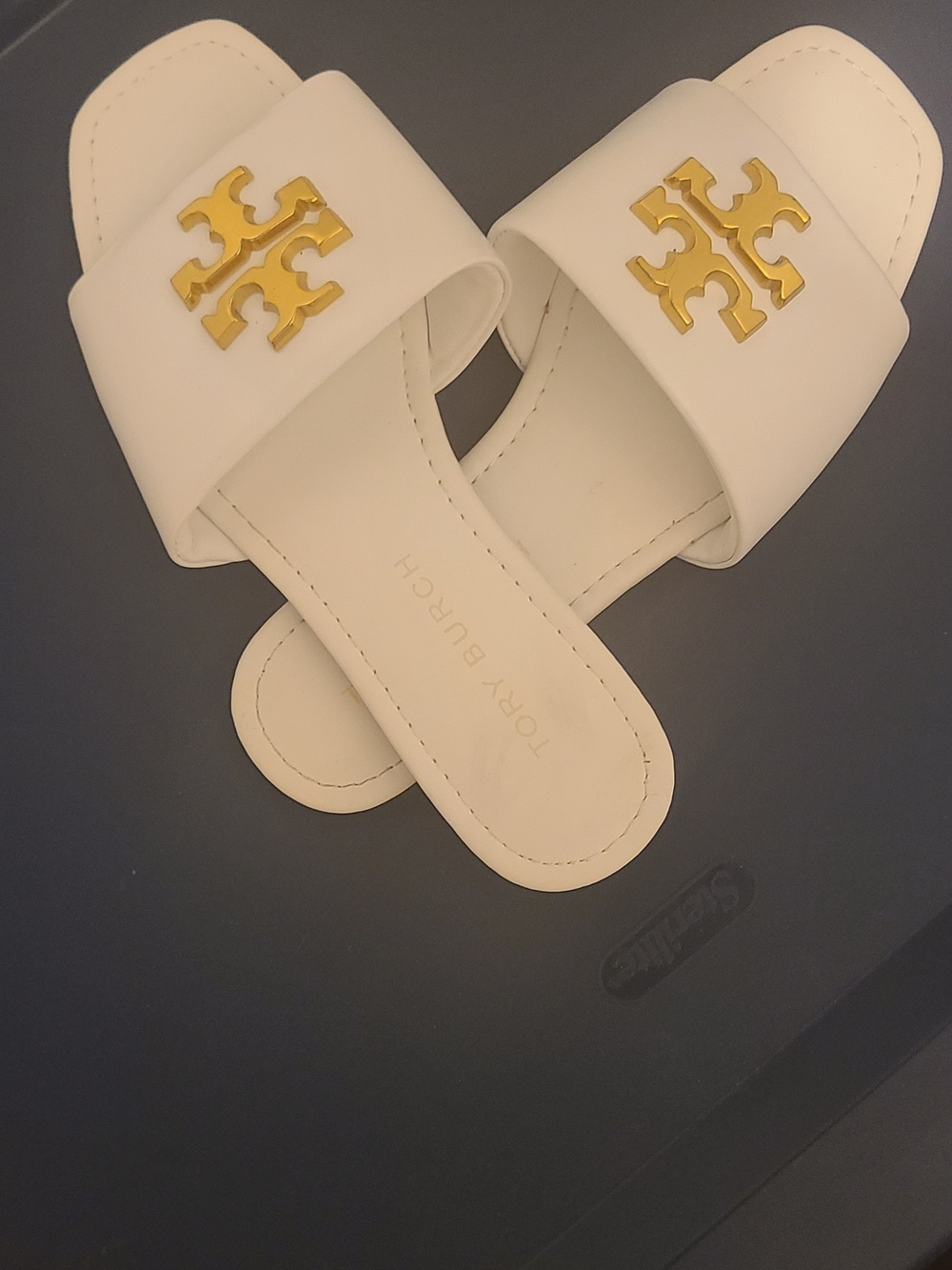 Tory Burch White Slide Sandals with Gold Logo